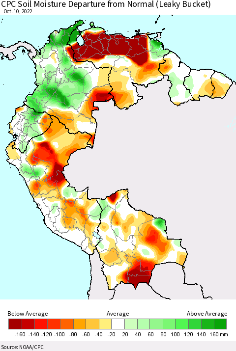 Northern South America CPC Calculated Soil Moisture Anomaly (Leaky Bucket) Thematic Map For 10/6/2022 - 10/10/2022
