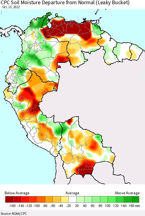Northern South America CPC Soil Moisture Departure from Normal (Leaky Bucket) Thematic Map For 10/11/2022 - 10/15/2022
