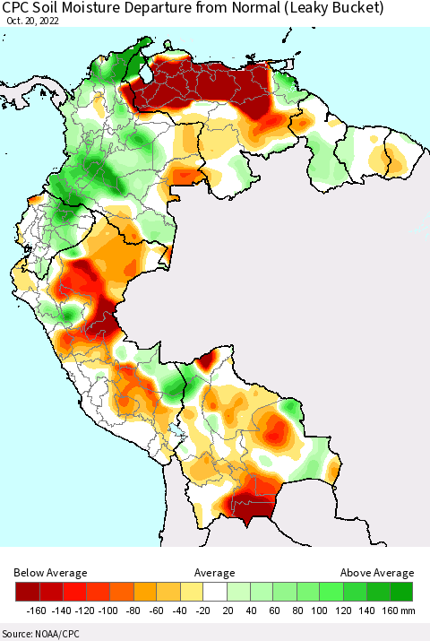 Northern South America CPC Calculated Soil Moisture Anomaly (Leaky Bucket) Thematic Map For 10/16/2022 - 10/20/2022