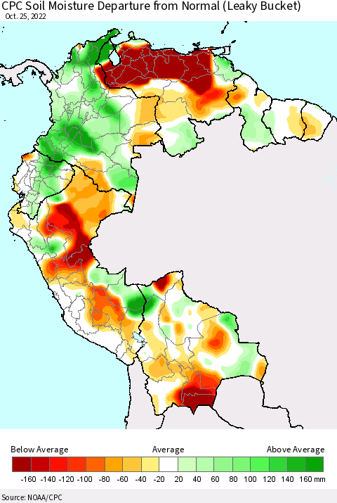 Northern South America CPC Calculated Soil Moisture Anomaly (Leaky Bucket) Thematic Map For 10/21/2022 - 10/25/2022