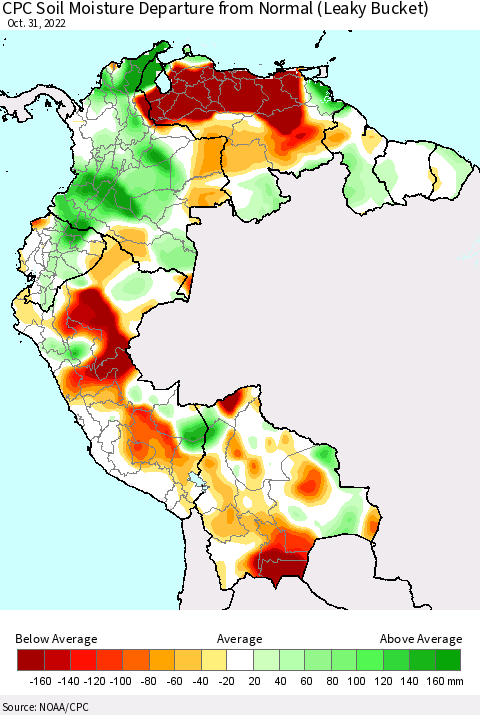 Northern South America CPC Calculated Soil Moisture Anomaly (Leaky Bucket) Thematic Map For 10/26/2022 - 10/31/2022