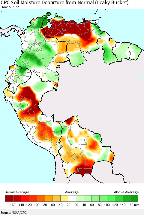 Northern South America CPC Calculated Soil Moisture Anomaly (Leaky Bucket) Thematic Map For 11/1/2022 - 11/5/2022