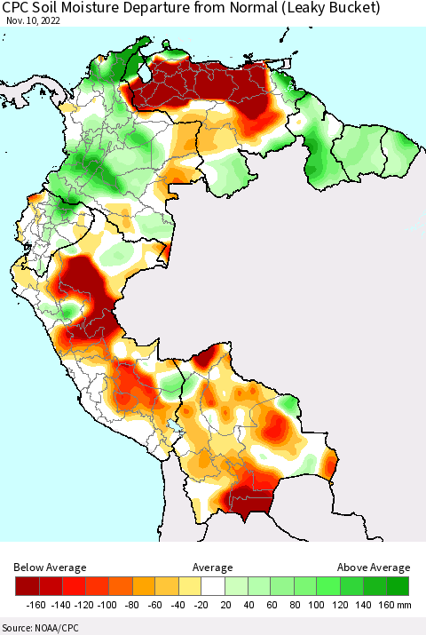 Northern South America CPC Calculated Soil Moisture Anomaly (Leaky Bucket) Thematic Map For 11/6/2022 - 11/10/2022