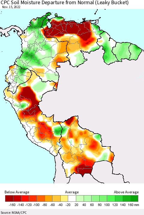 Northern South America CPC Calculated Soil Moisture Anomaly (Leaky Bucket) Thematic Map For 11/11/2022 - 11/15/2022
