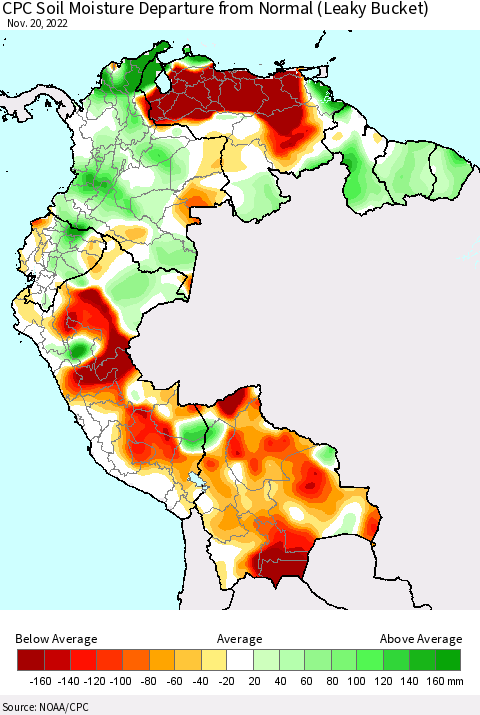Northern South America CPC Calculated Soil Moisture Anomaly (Leaky Bucket) Thematic Map For 11/16/2022 - 11/20/2022