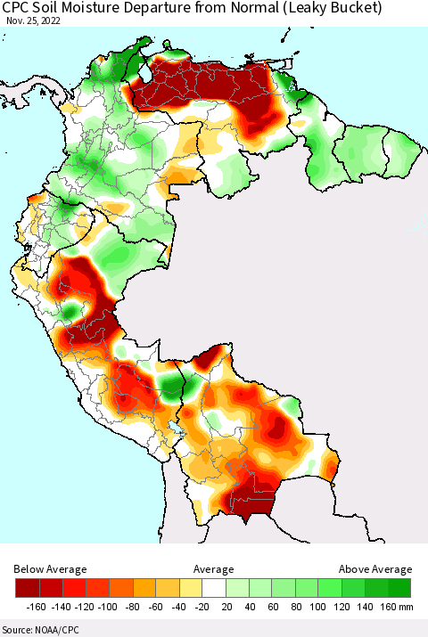 Northern South America CPC Calculated Soil Moisture Anomaly (Leaky Bucket) Thematic Map For 11/21/2022 - 11/25/2022