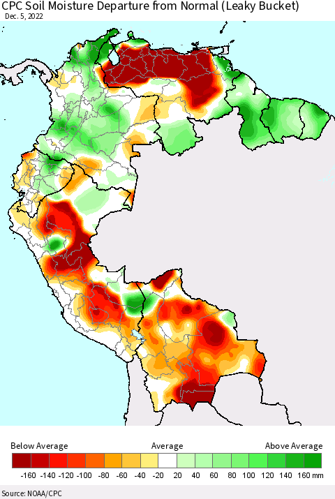 Northern South America CPC Soil Moisture Departure from Normal (Leaky Bucket) Thematic Map For 12/1/2022 - 12/5/2022