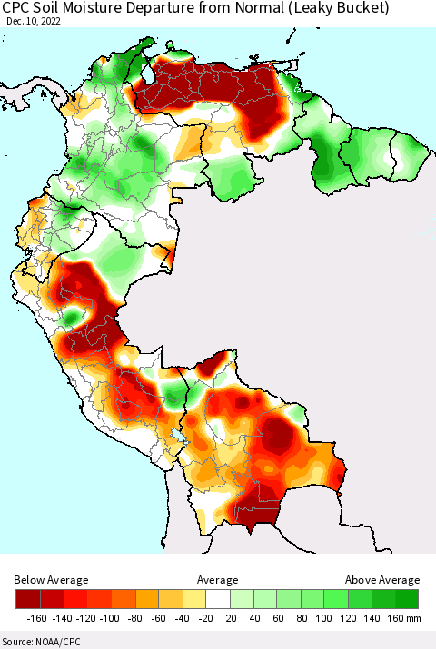 Northern South America CPC Calculated Soil Moisture Anomaly (Leaky Bucket) Thematic Map For 12/6/2022 - 12/10/2022