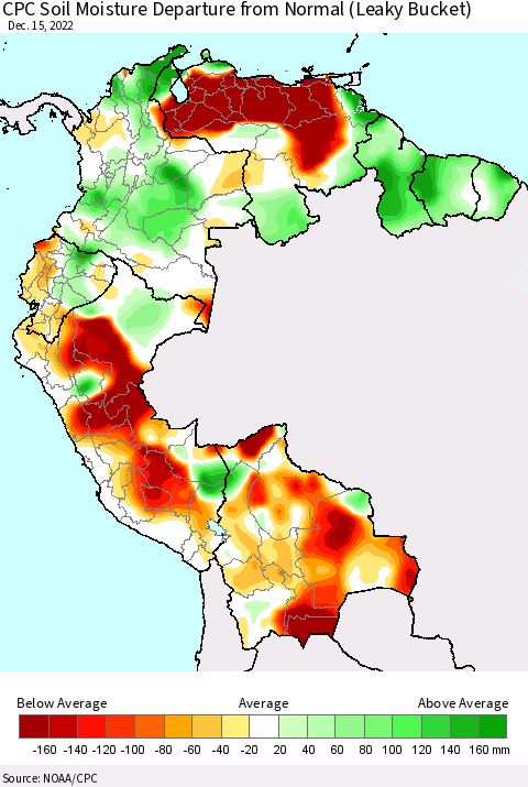 Northern South America CPC Soil Moisture Departure from Normal (Leaky Bucket) Thematic Map For 12/11/2022 - 12/15/2022