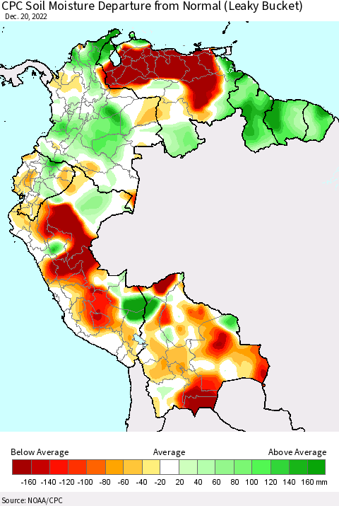 Northern South America CPC Calculated Soil Moisture Anomaly (Leaky Bucket) Thematic Map For 12/16/2022 - 12/20/2022