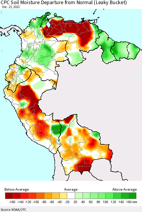 Northern South America CPC Calculated Soil Moisture Anomaly (Leaky Bucket) Thematic Map For 12/21/2022 - 12/25/2022