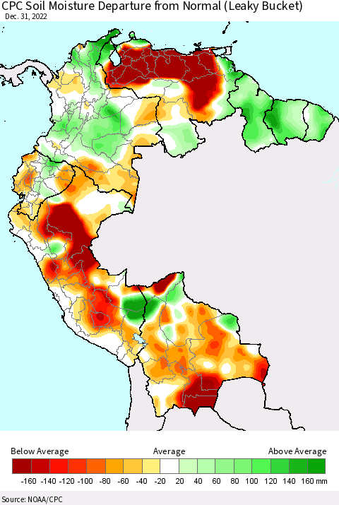 Northern South America CPC Soil Moisture Departure from Normal (Leaky Bucket) Thematic Map For 12/26/2022 - 12/31/2022