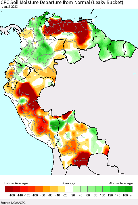 Northern South America CPC Calculated Soil Moisture Anomaly (Leaky Bucket) Thematic Map For 1/1/2023 - 1/5/2023