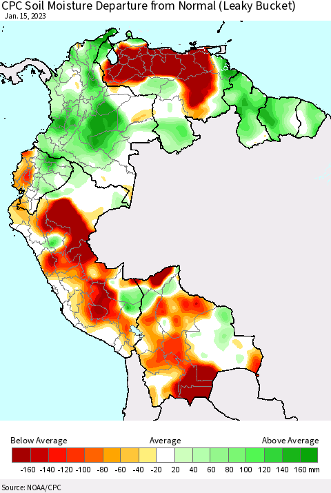 Northern South America CPC Calculated Soil Moisture Anomaly (Leaky Bucket) Thematic Map For 1/11/2023 - 1/15/2023