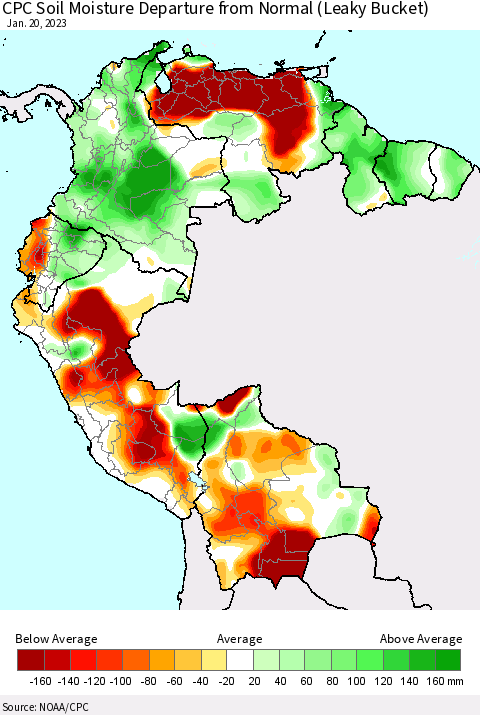 Northern South America CPC Calculated Soil Moisture Anomaly (Leaky Bucket) Thematic Map For 1/16/2023 - 1/20/2023