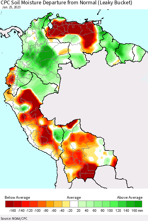 Northern South America CPC Calculated Soil Moisture Anomaly (Leaky Bucket) Thematic Map For 1/21/2023 - 1/25/2023