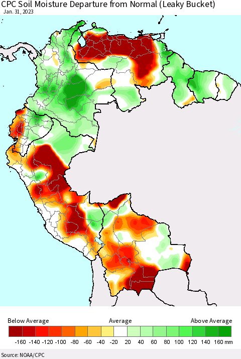 Northern South America CPC Calculated Soil Moisture Anomaly (Leaky Bucket) Thematic Map For 1/26/2023 - 1/31/2023