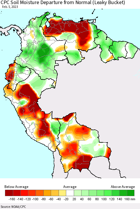 Northern South America CPC Calculated Soil Moisture Anomaly (Leaky Bucket) Thematic Map For 2/1/2023 - 2/5/2023