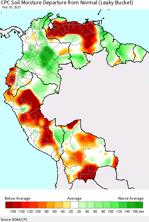 Northern South America CPC Calculated Soil Moisture Anomaly (Leaky Bucket) Thematic Map For 2/6/2023 - 2/10/2023