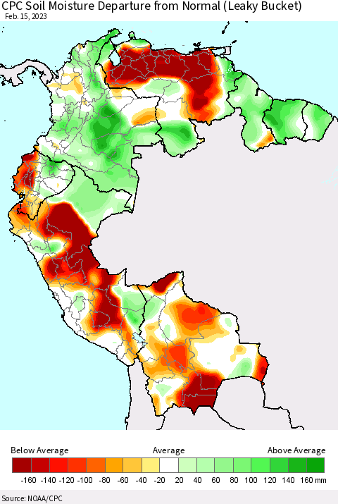 Northern South America CPC Calculated Soil Moisture Anomaly (Leaky Bucket) Thematic Map For 2/11/2023 - 2/15/2023