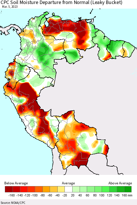 Northern South America CPC Calculated Soil Moisture Anomaly (Leaky Bucket) Thematic Map For 3/1/2023 - 3/5/2023