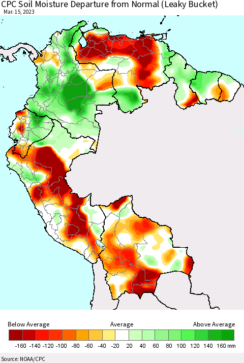 Northern South America CPC Calculated Soil Moisture Anomaly (Leaky Bucket) Thematic Map For 3/11/2023 - 3/15/2023