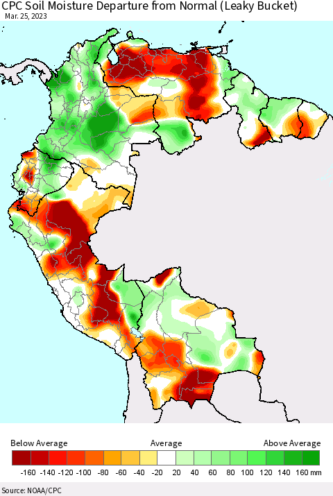 Northern South America CPC Calculated Soil Moisture Anomaly (Leaky Bucket) Thematic Map For 3/21/2023 - 3/25/2023