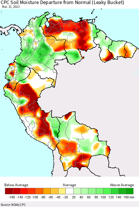 Northern South America CPC Soil Moisture Departure from Normal (Leaky Bucket) Thematic Map For 3/26/2023 - 3/31/2023