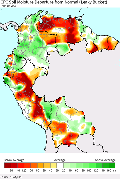 Northern South America CPC Soil Moisture Departure from Normal (Leaky Bucket) Thematic Map For 4/6/2023 - 4/10/2023