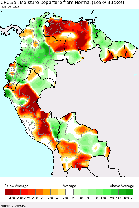Northern South America CPC Soil Moisture Departure from Normal (Leaky Bucket) Thematic Map For 4/21/2023 - 4/25/2023