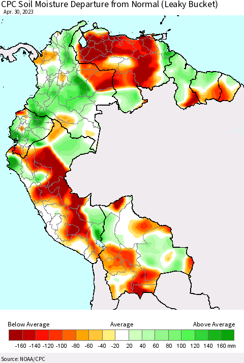 Northern South America CPC Soil Moisture Departure from Normal (Leaky Bucket) Thematic Map For 4/26/2023 - 4/30/2023