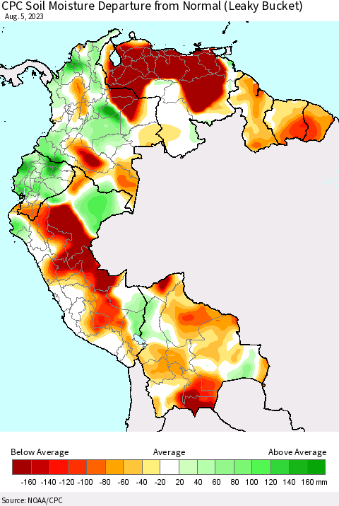 Northern South America CPC Soil Moisture Departure from Normal (Leaky Bucket) Thematic Map For 8/1/2023 - 8/5/2023