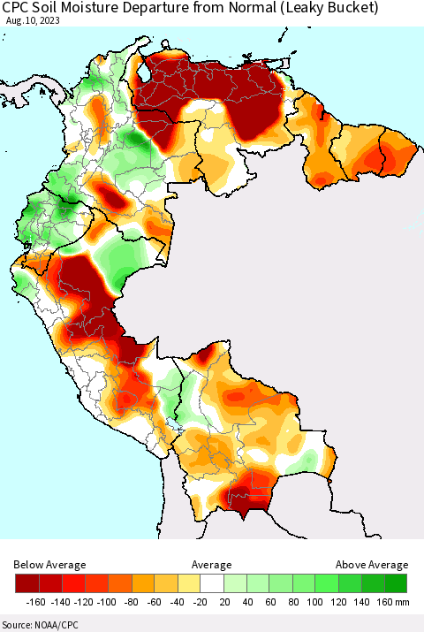 Northern South America CPC Soil Moisture Departure from Normal (Leaky Bucket) Thematic Map For 8/6/2023 - 8/10/2023