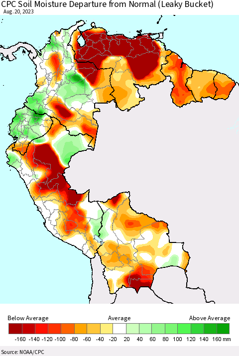 Northern South America CPC Soil Moisture Departure from Normal (Leaky Bucket) Thematic Map For 8/16/2023 - 8/20/2023