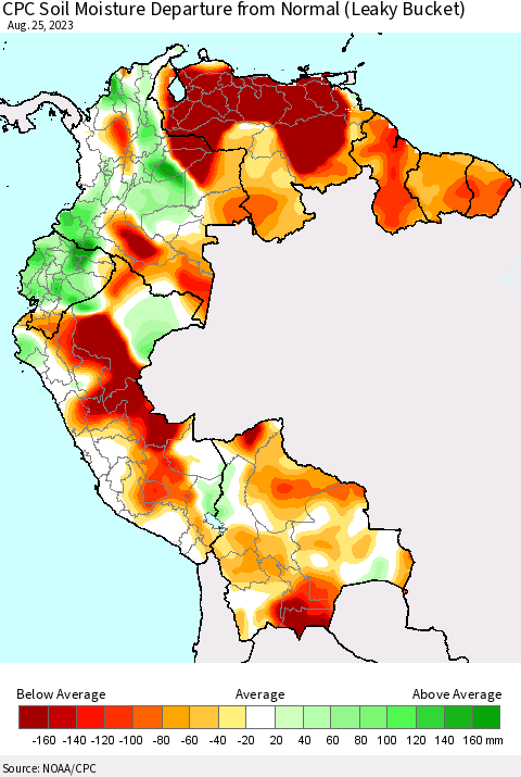 Northern South America CPC Soil Moisture Departure from Normal (Leaky Bucket) Thematic Map For 8/21/2023 - 8/25/2023