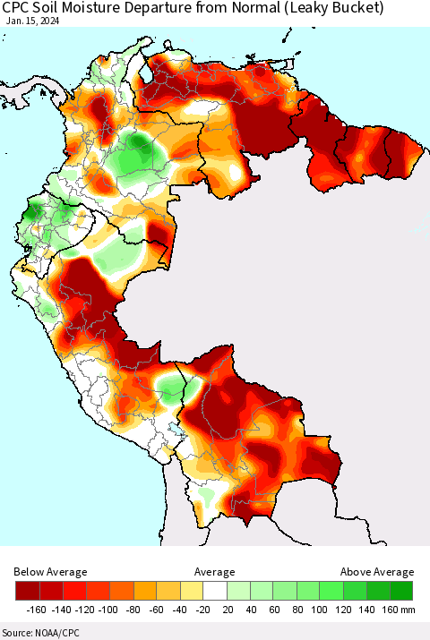 Northern South America CPC Soil Moisture Departure from Normal (Leaky Bucket) Thematic Map For 1/11/2024 - 1/15/2024