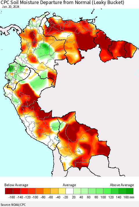 Northern South America CPC Soil Moisture Departure from Normal (Leaky Bucket) Thematic Map For 1/16/2024 - 1/20/2024