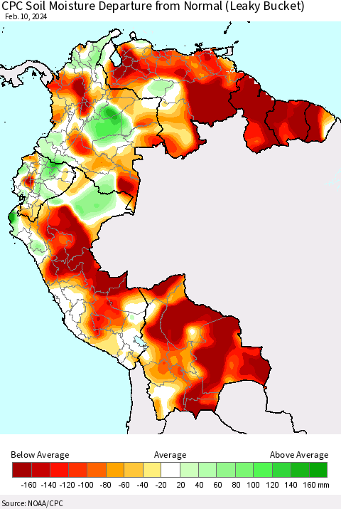Northern South America CPC Soil Moisture Departure from Normal (Leaky Bucket) Thematic Map For 2/6/2024 - 2/10/2024