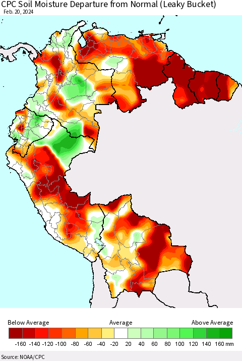 Northern South America CPC Soil Moisture Departure from Normal (Leaky Bucket) Thematic Map For 2/16/2024 - 2/20/2024