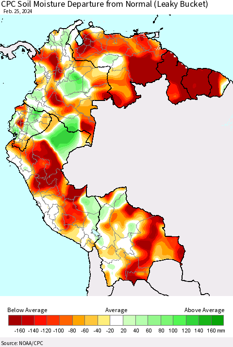 Northern South America CPC Soil Moisture Departure from Normal (Leaky Bucket) Thematic Map For 2/21/2024 - 2/25/2024