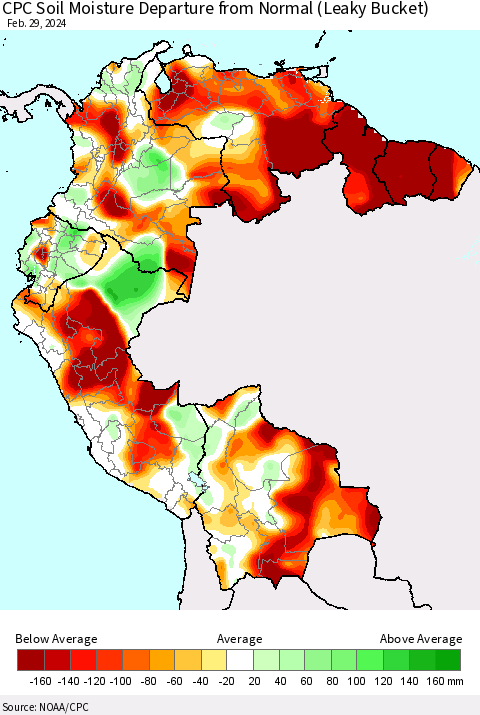Northern South America CPC Soil Moisture Departure from Normal (Leaky Bucket) Thematic Map For 2/26/2024 - 2/29/2024