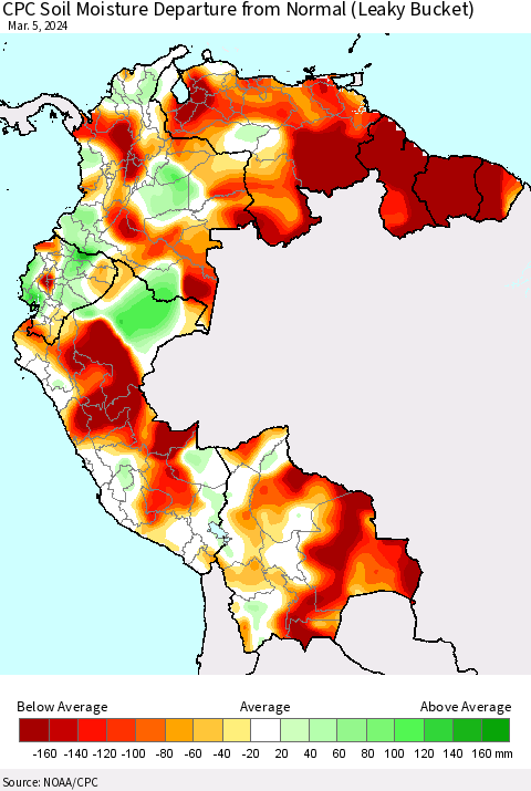 Northern South America CPC Soil Moisture Departure from Normal (Leaky Bucket) Thematic Map For 3/1/2024 - 3/5/2024