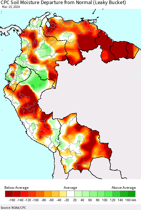 Northern South America CPC Soil Moisture Departure from Normal (Leaky Bucket) Thematic Map For 3/6/2024 - 3/10/2024