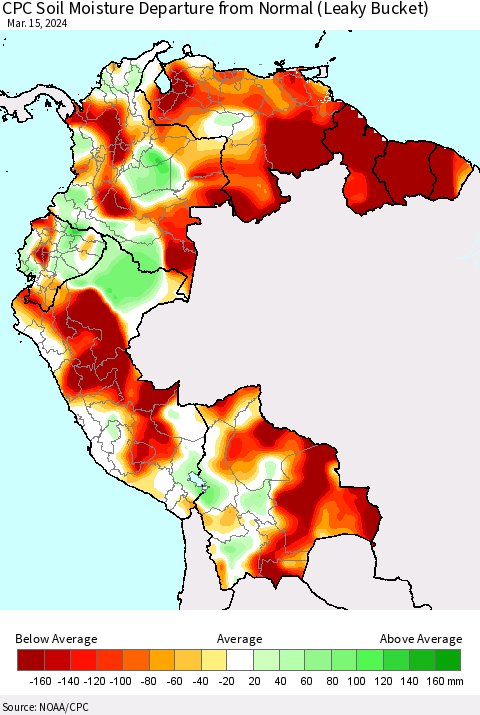 Northern South America CPC Soil Moisture Departure from Normal (Leaky Bucket) Thematic Map For 3/11/2024 - 3/15/2024