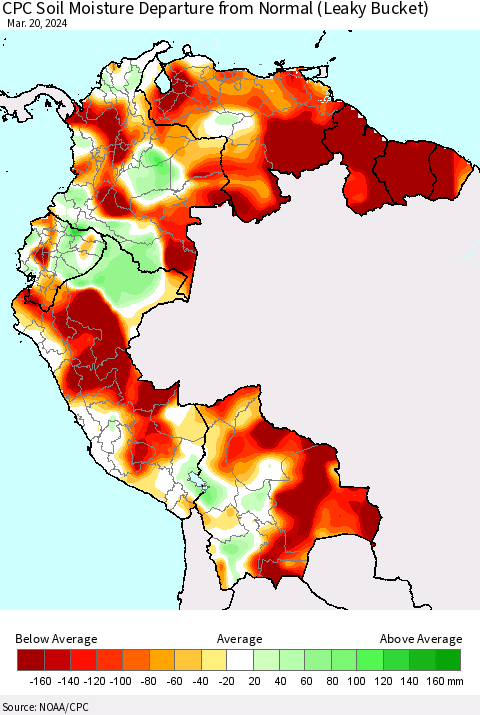 Northern South America CPC Soil Moisture Departure from Normal (Leaky Bucket) Thematic Map For 3/16/2024 - 3/20/2024