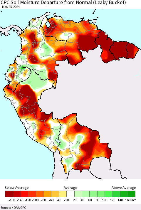 Northern South America CPC Soil Moisture Departure from Normal (Leaky Bucket) Thematic Map For 3/21/2024 - 3/25/2024