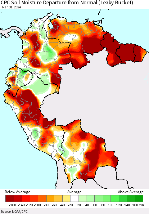 Northern South America CPC Soil Moisture Departure from Normal (Leaky Bucket) Thematic Map For 3/26/2024 - 3/31/2024