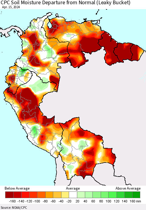 Northern South America CPC Soil Moisture Departure from Normal (Leaky Bucket) Thematic Map For 4/11/2024 - 4/15/2024