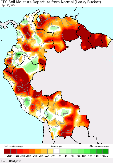 Northern South America CPC Soil Moisture Departure from Normal (Leaky Bucket) Thematic Map For 4/16/2024 - 4/20/2024