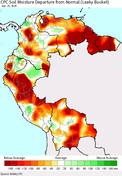Northern South America CPC Soil Moisture Departure from Normal (Leaky Bucket) Thematic Map For 4/21/2024 - 4/25/2024